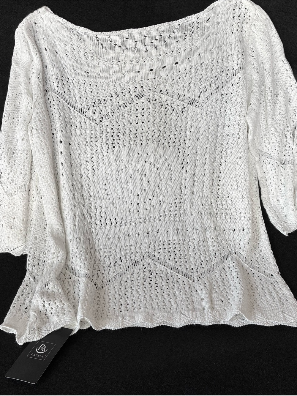 Rapbin Women’s L White Open Knit Crochet Sweater Top 3/4 Sleeve NWT Boho